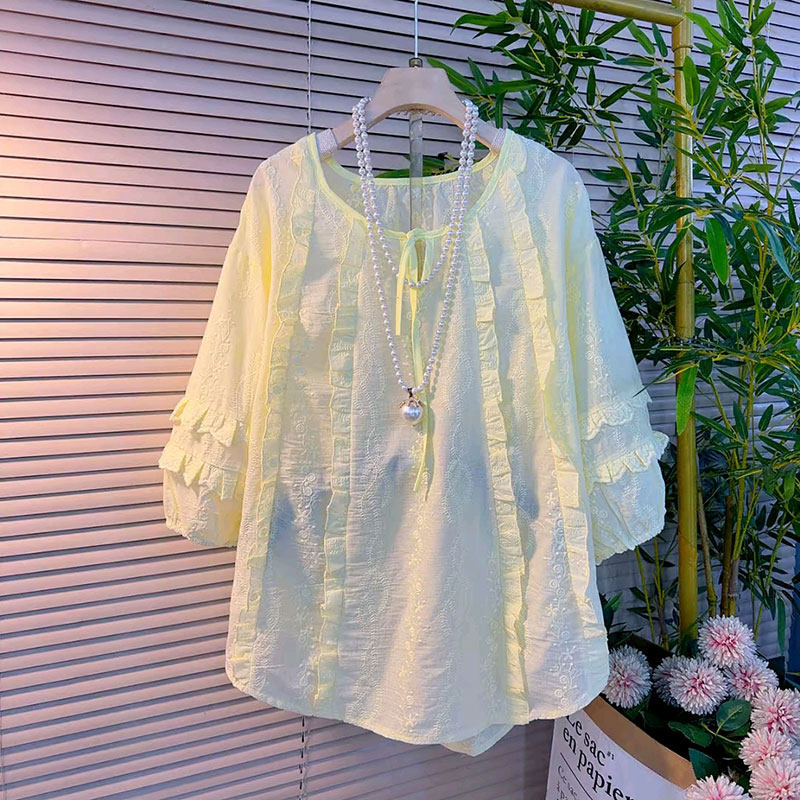 2026春季新款韩系甜美木耳边提花刺绣洋气小衫大码女装遮肉上衣爆