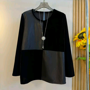减龄新款 丝绒撞拼蛋白皮百搭长袖 大码 胖MM时尚 上衣潮 女装 2025秋季