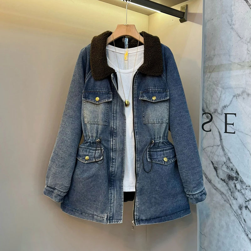 复古抽绳收腰翻领牛仔中长款外套