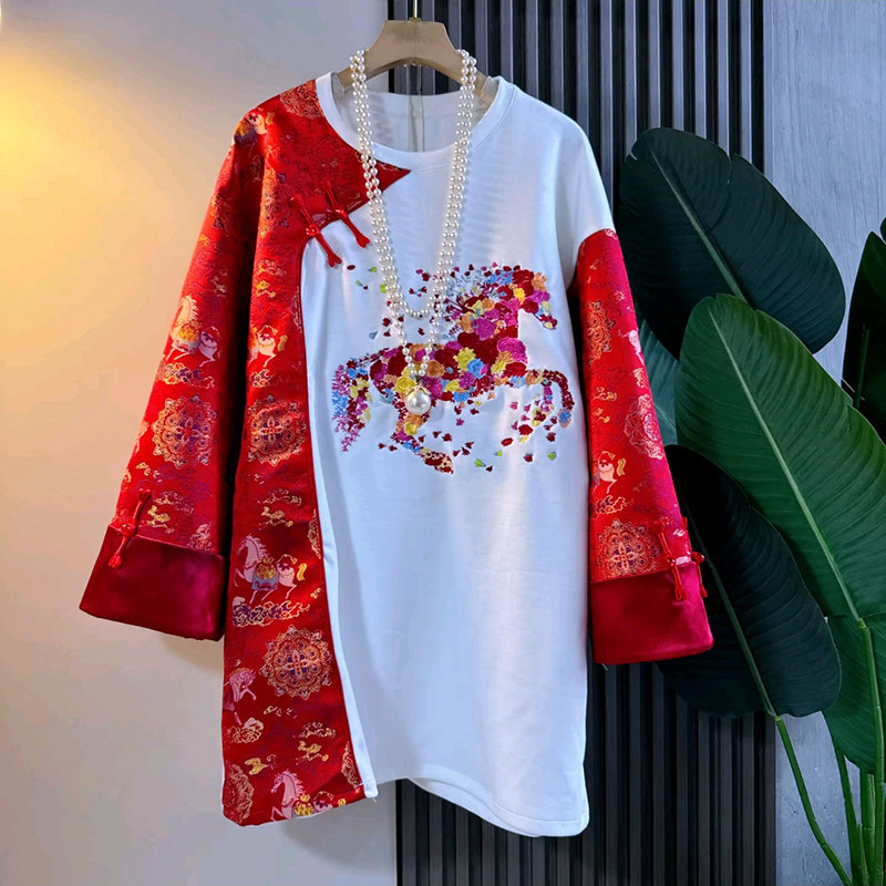 国潮风大码女装长袖拼接印花上衣中国风2026新年款内搭新款复古衫,女装/女士精品,大码内搭,淘宝优惠券,粉丝福利购,淘宝优惠卷