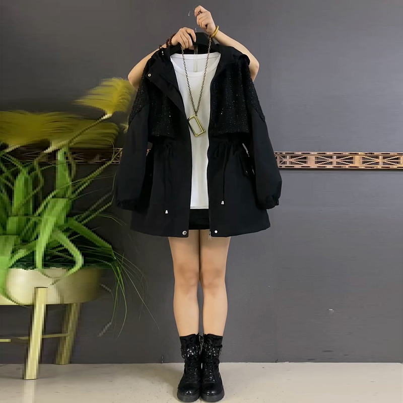 大码女装韩版抽绳收腰连帽棉服
