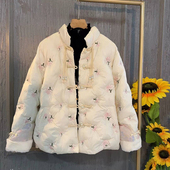 胖妹妹短款 冬季 保暖外套 国风绣花抽绳羽绒棉服大码 女装 新款 新中式