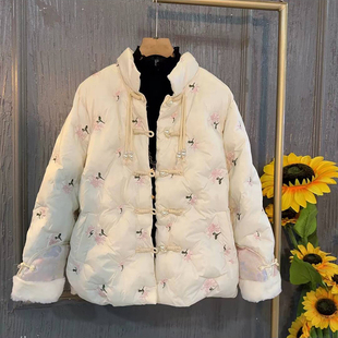 新款 胖妹妹短款 新中式 女装 保暖外套 国风绣花抽绳羽绒棉服大码 冬季