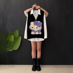 新款 卡通小猫针织马甲搭配休闲百搭衬衫 大码 胖MM时尚 女装 2025冬季