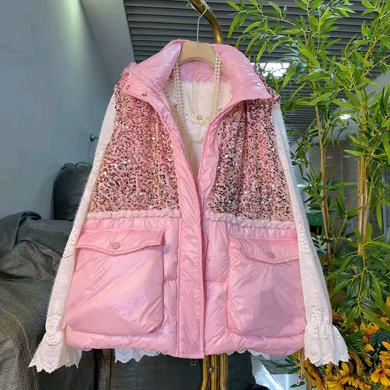 欧货时尚小香风亮片轻薄棉服马甲