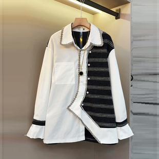 不规则小衫 气质拼接条纹衬衫 翻领上衣胖MM显瘦时尚 女装 设计感大码