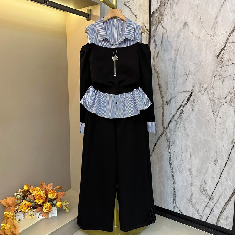 条纹拼接设计感上衣阔腿裤套装2026春季新款宽松衬衫时尚大码女装,女装/女士精品,大码套装,淘宝优惠券,粉丝福利购,淘宝优惠卷