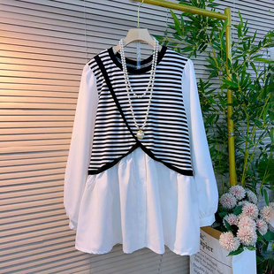 2026新款 春季 时尚 韩版 胖妹妹大码 宽松条纹拼接假两件百搭衬衫 女装