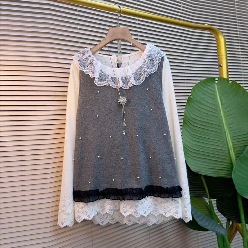 钉珠马甲大码女装荷叶领打底套装