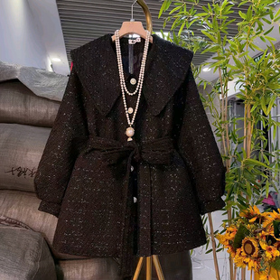 减龄新款 秋季 娃娃领系带蝴蝶结夹棉外套胖mm收腰显瘦上衣 女装 大码