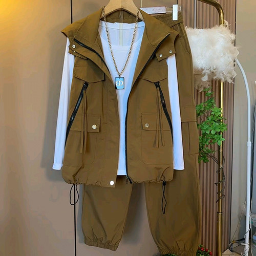韩版连帽拉链兜工装马甲裤子打底