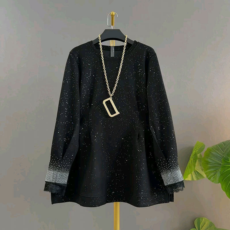 2026春季新款时尚圆领袖口烫钻拼蕾丝满天星宽松遮肉大码女装上衣,女装/女士精品,大码内搭,淘宝优惠券,粉丝福利购,淘宝优惠卷