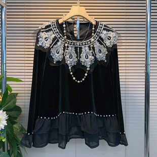 女装 胖妹妹时尚 重工钉珠圆领拼接长袖 新款 百搭丝绒上衣 女人衫 大码