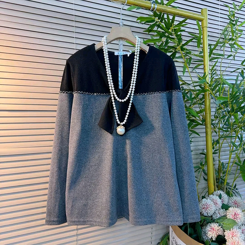 大码女装撞色长袖T恤2026春季新款V领蝴蝶结百搭上衣胖mm显瘦衬衫,女装/女士精品,大码内搭,淘宝优惠券,粉丝福利购,淘宝优惠卷