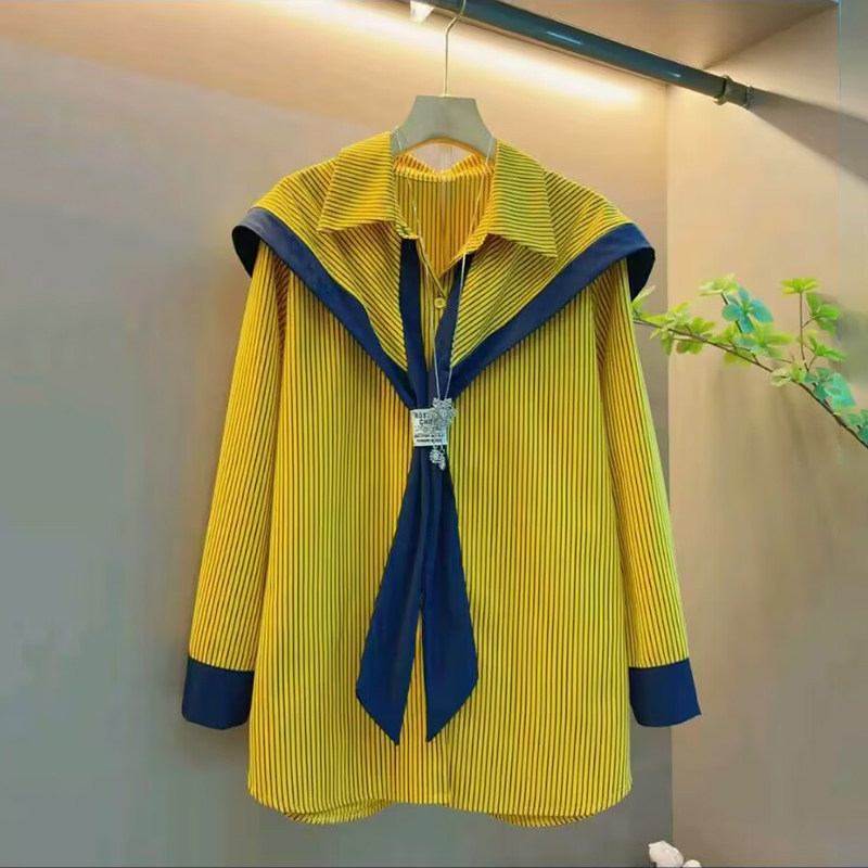 胖mm大码女装春季2026新款时尚披肩翻领条纹拼接显瘦洋气减龄上衣,女装/女士精品,大码内搭,淘宝优惠券,粉丝福利购,淘宝优惠卷