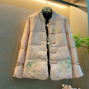 胖mm百搭打底衫 新款 女装 国风盘扣压花设计感棉服外套大码 女 新中式