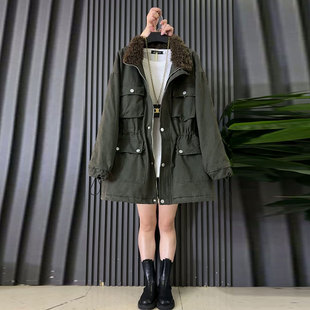 欧货时尚牛仔毛毛领收腰棉服外套2026冬季新款大码女装中长款大衣
