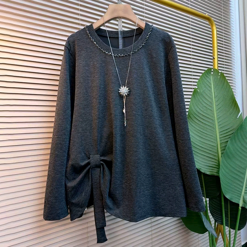 时尚简约圆领串珠捏褶开叉衬衫