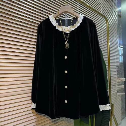 加大码圆领拼接丝绒上衣