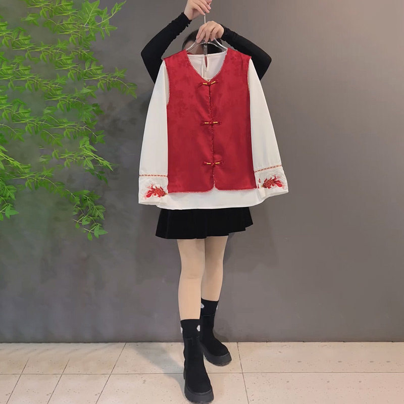 国风盘扣开衫马甲刺绣拼袖打底衫2026新款胖mm大码女装新中式马夹,女装/女士精品,大码内搭,淘宝优惠券,粉丝福利购,淘宝优惠卷