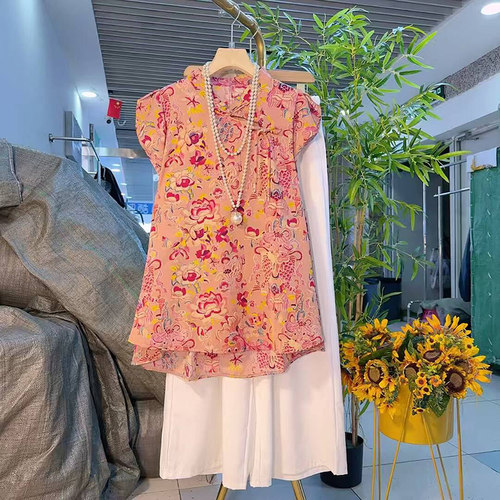 新中式国风盘扣印花上衣阔腿裤新