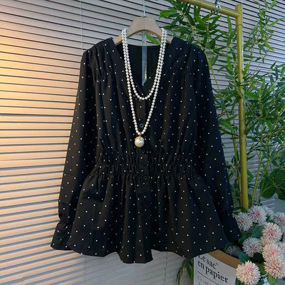 春季新款韩版气质V领波点长袖衫