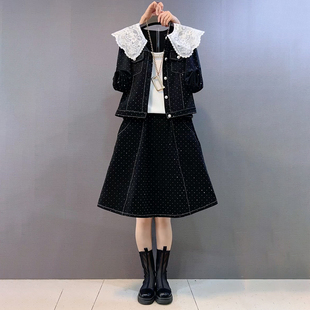 蕾丝娃娃领外套半身裙胖MM甜美套装 秋季 女装 大码 钉珠打底背心 新款