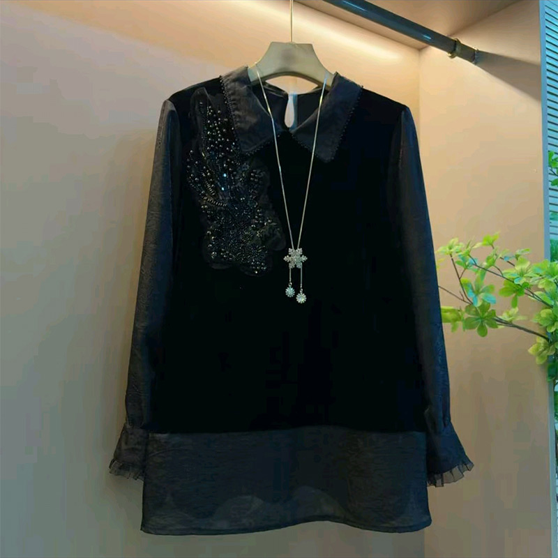 拼接丝绒翻领镶钻上衣