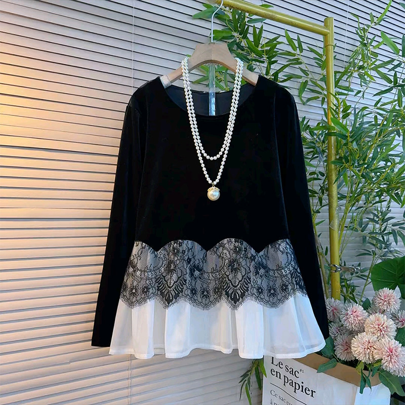 丝绒拼接蕾丝百搭长袖衫