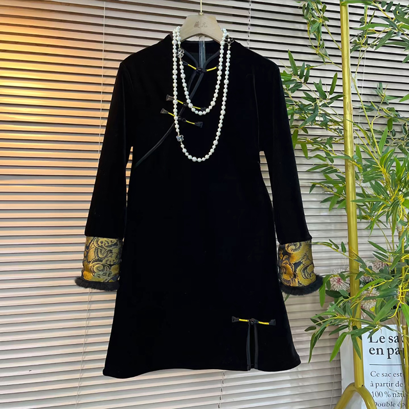 大码加绒旗袍国风中式连衣裙