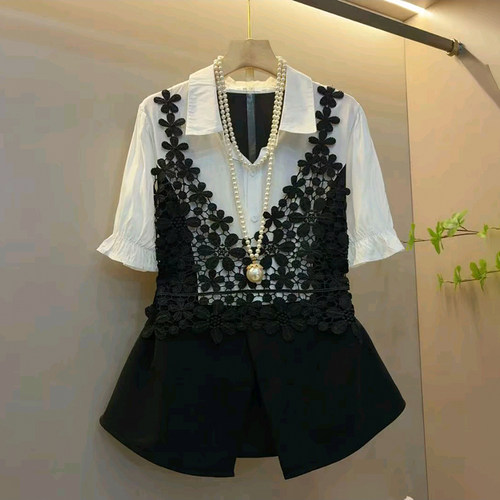 时尚镂空花朵拼接假两件短袖衬衫