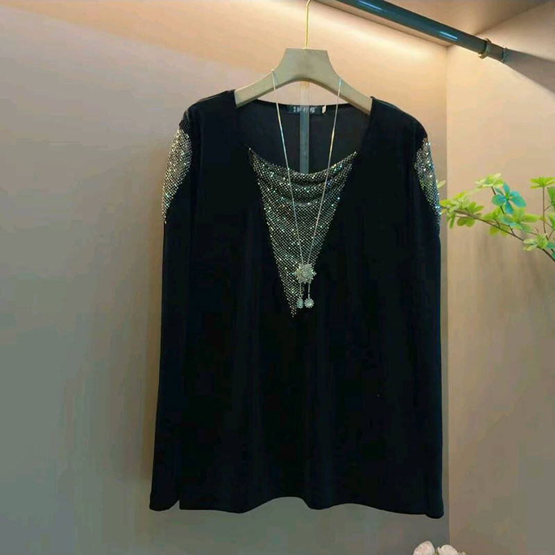 2026春季新款欧货烫钻拼接修身丝绒女人衫大码女装胖mm气质上衣女,女装/女士精品,大码内搭,淘宝优惠券,粉丝福利购,淘宝优惠卷