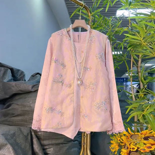 2026春季新款胖mm大码女装新中式国风亮片花朵马甲胖mm百搭打底衫