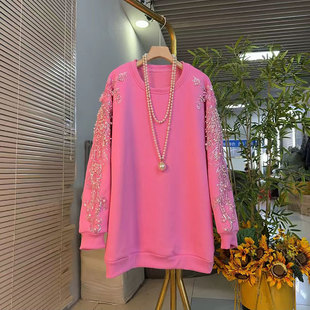 2024冬季 女装 宽松洋气显瘦上衣 大码 钉珠T恤卫衣遮肉大衫