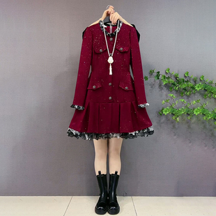 胖妹妹大码女装春季新款百搭设计款拼接水墨裙名媛风亮闪闪连衣裙