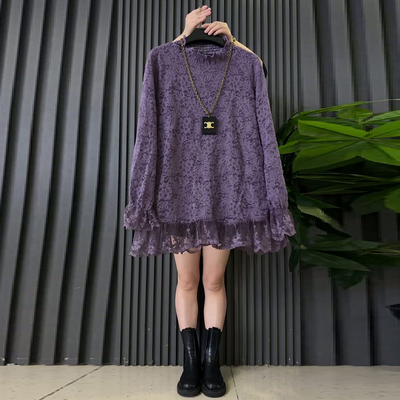 韩版大码女装拼接花边蕾丝衫