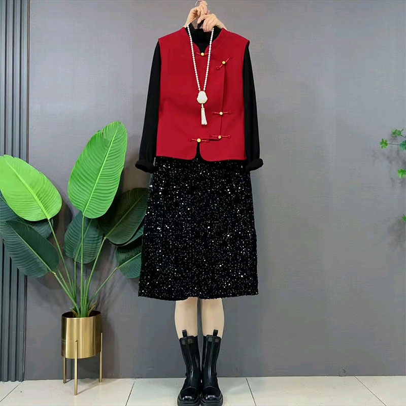 马甲打底衫亮片半身裙三件套