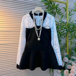 女装 大码 重工钉珠V领上衣 减龄洋气新款 胖MM显瘦蕾丝拼接百搭小衫