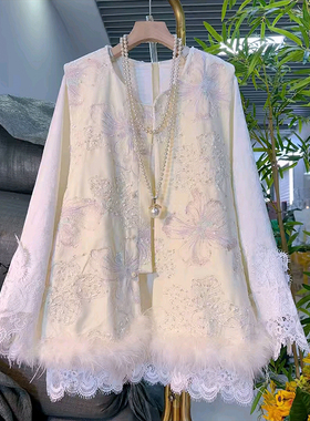 2025早秋减龄新款大码女装胖MM新中式国风刺绣马甲搭配醋酸蕾丝衫