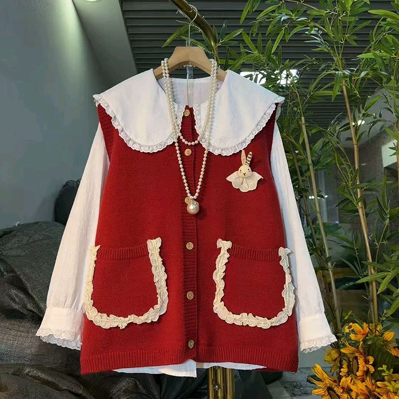 欧货时尚针织马甲娃娃领衬衫套装