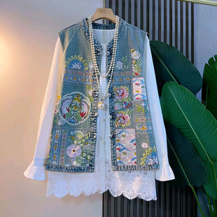 新款 胖mm百搭打底衫 新中式 女装 牛仔盘扣花朵刺绣马甲大码 2026春季