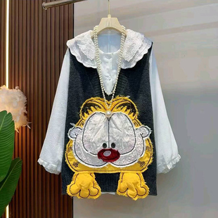 时尚 韩版 卡通贴布针织马甲大码 女装 潮 秋季 胖mm娃娃领打底衬衫 新款