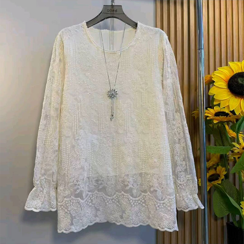 提花刺绣蕾丝衫亮片打底衫