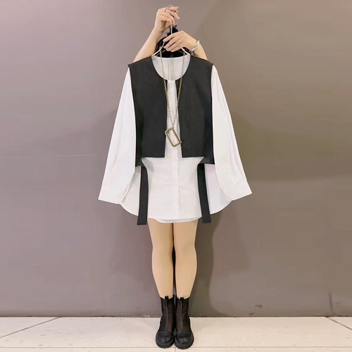 时尚气质衬衫马甲简约假两件上衣