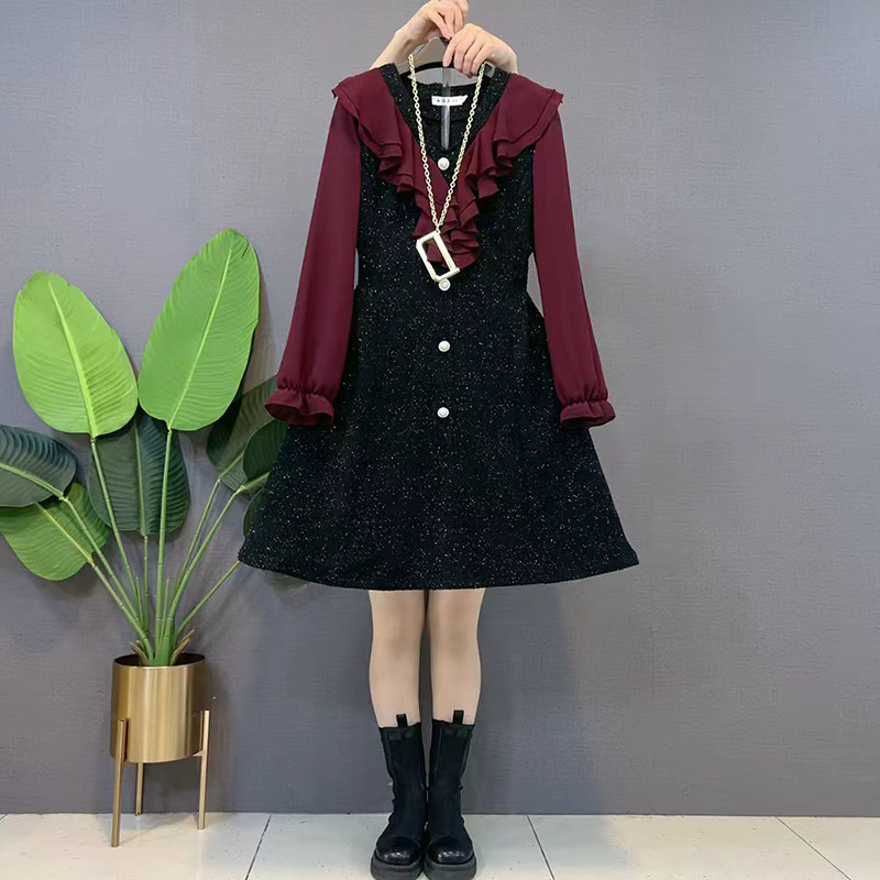 大码女装拼色荷叶边连衣裙