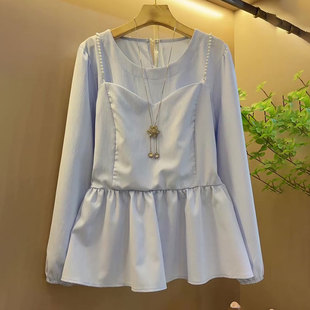 潮 女装 小香风2025胖妹妹新款 圆领百搭重工设计感气质纯色上衣大码