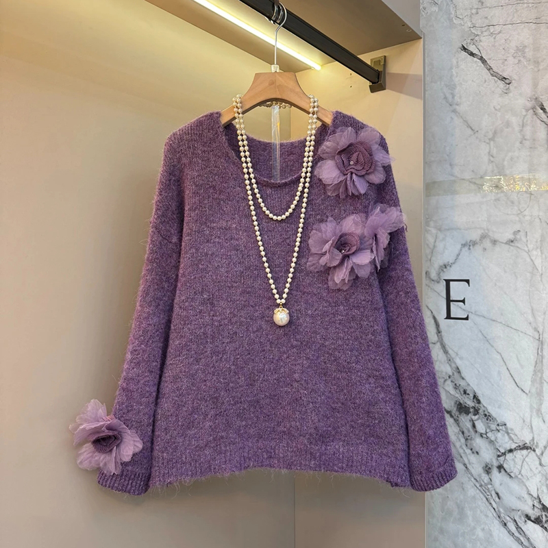 时尚蕾丝花朵简约气质百搭毛衣