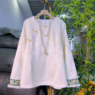 古风胖妹妹大码 百搭唐装 女装 国风提花刺绣上衣拼接毛毛袖 新款 中式