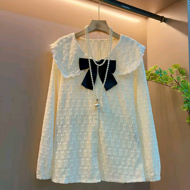大码女装蝴蝶结装饰娃娃领上衣
