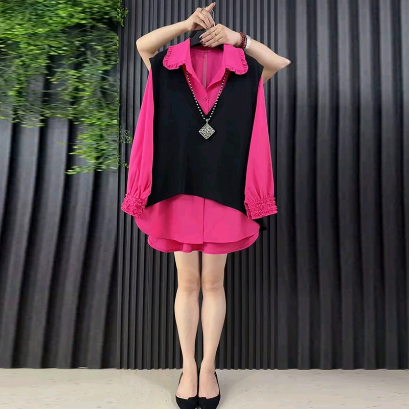 后背纽扣马甲衬衫套装